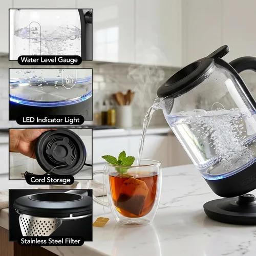 Miniatura 5 de Hervidor Eléctrico OVENTE con Vidrio de Borosilicato de 1.5L, Calentador de Agua de Ebullición Rápida de 1500W para Café o Té, Tapa Fácil de Llenar