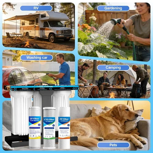 Miniatura 8 de Sistema de filtro de agua para RV, sistema de filtración de agua de 5 capas y 3 etapas, conectores rápidos de manguera sin plomo, filtros de 0.01