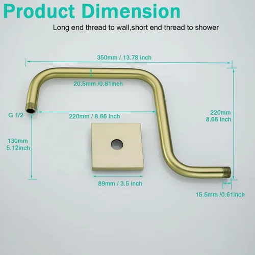 Miniatura 2 de 13 Inches Shower Arm with Flange,Brushed Gold S Shaped Gooseneck High Rise Shower Head Extension Arm,Standard 1/2" Connection,SE-91058-13BG-SQ