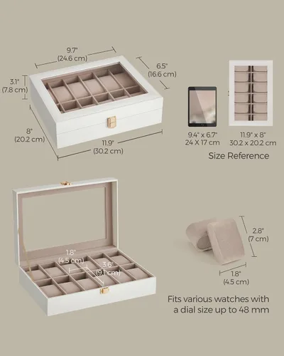 Miniatura 6 de SONGMICS Caja de reloj, caja de reloj de 12 ranuras con tapa de vidrio grande, almohadas extraíbles para reloj, organizador de caja de reloj, regalo