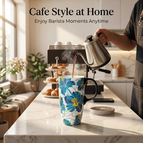 Miniatura 5 de DUSVALLY Taza de Café de Cerámica Taza Alta con Tapa, Taza de Té de Porcelana con Asa para Café con Leche, Capuchino y Cacao, Tazas de Café