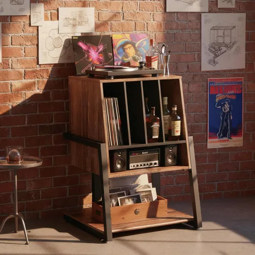 Miniatura 2 de FITUEYES Armario de bar de diseño con soporte giratorio, gabinete de barra de registro vintage, almacenamiento de vinilo y exhibición de vino, grano