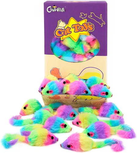 Miniatura 2 de CHIWAVA 36 ratones de juguete de gato peludo de color arcoíris de 1.8 pulgadas con sonajero gatito ratón juego interactivo