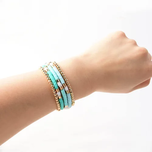 Miniatura 3 de Pulseras de cuentas de arcilla estilo heishi surfista para mujer, con discos de vinilo y dije de mal de ojo, apilables, pulseras elásticas