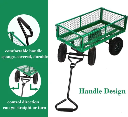 Miniatura 3 de Carrito de jardín de acero resistente, carrito utilitario para patio, carrito utilitario para césped al aire libre con lados extraíbles y ruedas