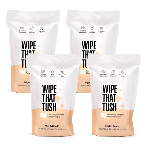Miniatura 9 de Wipe That Tush On-The-Go Toallitas desechables – 1 paquete de 30 toallitas de viaje envueltas individualmente – Sin fragancia e hipoalergénicas