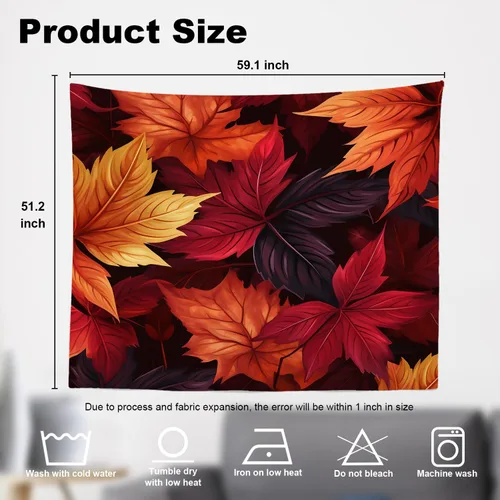 Miniatura 5 de Shrahala Tapiz de pared de hojas de arce otoñal, hojas rojas sin costuras sobre negro para colgar en la pared, tapiz grande decorativo de fibra