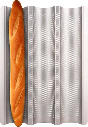 Sartén para baguette, sartenes francesas para hornear, antiadherentes 3 ranuras perforadas italianas para pan, molde de pan francés largo, dorado