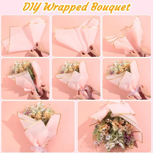 Miniatura 5 de Yahenda 420 hojas de papel de regalo de flores: papel de ramo de flores de 23 x 23 pulgadas con borde dorado, estilo coreano, para boda, despedida