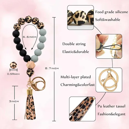 Miniatura 2 de BAOSIWA - Llavero de silicona con cuentas de leopardo, llavero para mujer, con borla de cuero