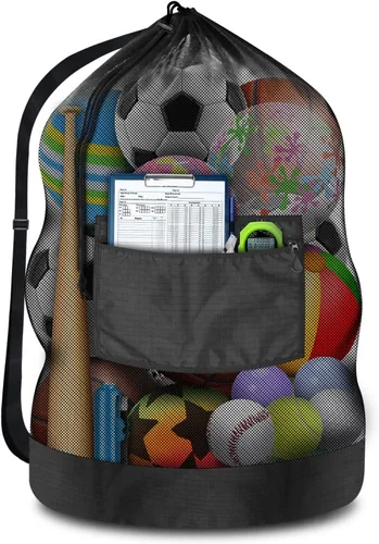 BROTOU Heavy Duty Soccer Ball Net Bag(100L Extra Large Capacity 10-12Balls), Drawstring Mesh Ball Bag with Zipper Pocket, Sports Equipment Storage