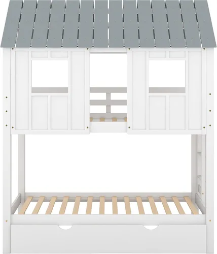 Miniatura 6 de JIVOIT Litera de madera con diseño de techo y ventanas, litera individual sobre individual con nido y escalera integrada para niños, adolescentes