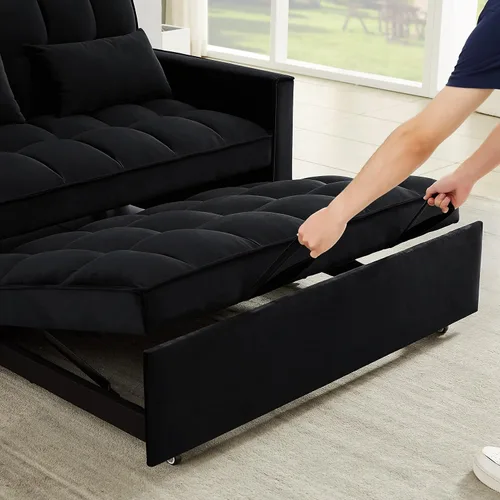 Miniatura 6 de Sofá cama biplaza de terciopelo convertible y moderno con cama desplegable, respaldo ajustable y 2 almohadas lumbares, para espacios pequeños