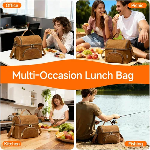 Miniatura 8 de Waxed Canvas Lunch Bag with 2 XL Ice Packs, Canvas Lunch Box, Lunch Cooler for Men Work, 10.5L 2 Compartments Insulated Leakproof Cooler Bags for