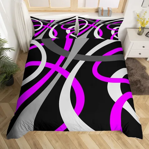 Miniatura 12 de Feelyou Juego de funda de edredón geométrica de color rojo, negro y gris, juego de ropa de cama retro con remolinos circulares a rayas circulares