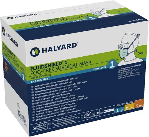 Miniatura 4 de HALYARD FLUIDSHIELD 1 Máscara desechable con lazos, con forro tan suave, estilo plisado, sin niebla, verde, nivel 1, 28806 (caja de 50)