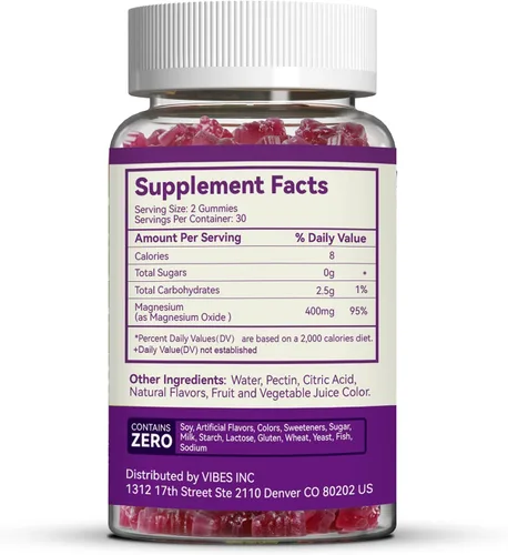 Miniatura 6 de Gomitas de óxido de magnesio de 400 mg, gomitas de magnesio masticables para mujeres y adultos, apoyo nervioso y muscular, sin azúcar, veganas, 60