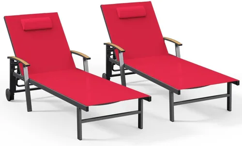 Miniatura 28 de Ciokea Sillón para exteriores con almohada, tumbona de aluminio de 5 posiciones con ruedas y reposabrazos, silla de piscina resistente de 400 libras