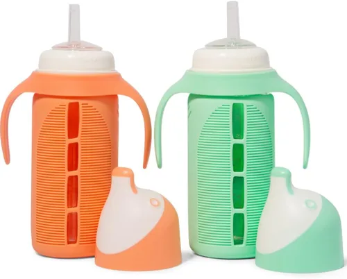Miniatura 10 de Tabor Place Juego de 2 - Vaso sippy de vidrio para niños pequeños - The Luca A prueba de derrames Popote de silicona Azul y naranja 8 onzas