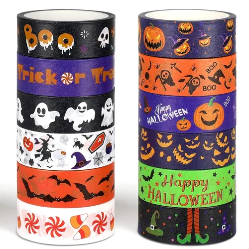 SANNIX 12 rollos de cinta washi de Halloween de 15 mm de ancho, cinta adhesiva de calabaza, fantasma y murciélago de Halloween para manualidades y