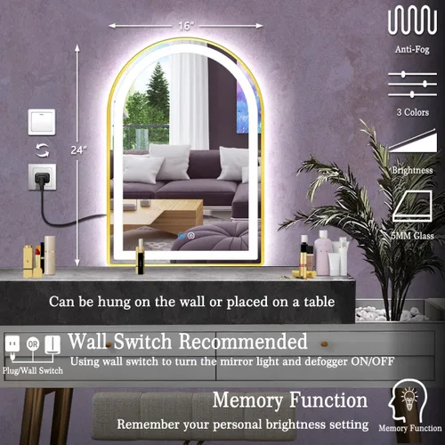 Miniatura 6 de Espejo LED de arco dorado de 16 x 24 pulgadas para baño, pared, maquillaje, mesa, escritorio, espejo de tocador dorado con luces, memoria