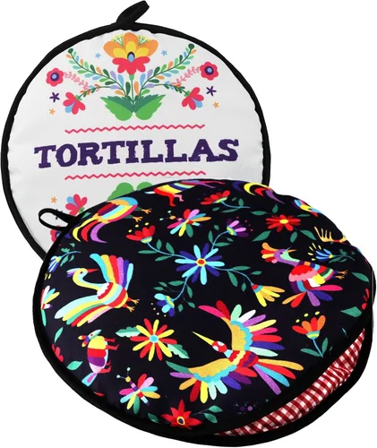 Dos caras. Calentador de tortillas, tamaño de 11 pulgadas aislado y apto para microondas, bolsa de tela que los mantiene calientes hasta una hora.