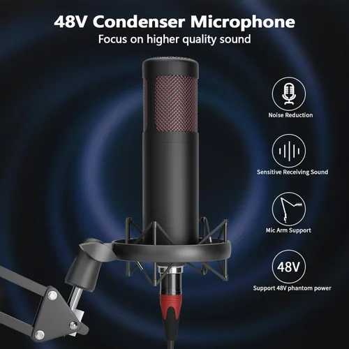 Miniatura 3 de Paquete de equipo de podcast para 2, mezclador de DJ de interfaz de audio con micrófono condensador XLR de 48 V, RGB, cambio de voz, para HS-M100-2X