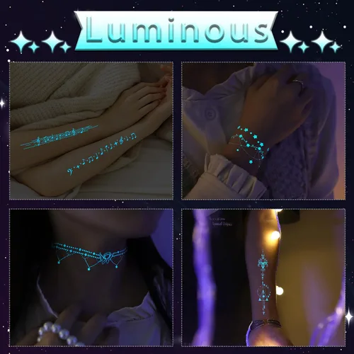Miniatura 5 de Tatuajes temporales luminosos azules que brillan en la oscuridad, festival de música, tatuajes de luna, impermeable, planeta estrella, tatuaje falso