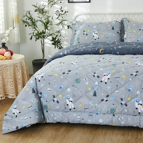 Miniatura 10 de Brandream Juego de ropa de cama espacial para niños y niñas, 100% algodón, juego de edredón de cohete espacial y galaxia, 3 piezas