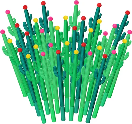 Paquete de 36 bolígrafos con forma de cactus, novedosos bolígrafos de tinta de gel con forma de cactus, bolígrafo de tinta de gel negra con flor