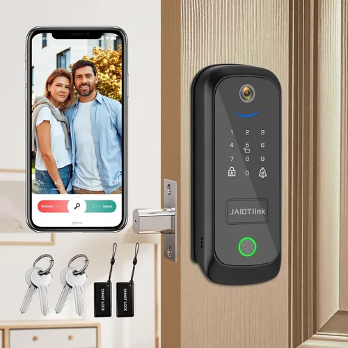 JAIOTlink Cerradura inteligente 5 en 1 para puerta delantera, cerrojo de entrada sin llave con cámara y timbre, cerradura electrónica segura WiFi