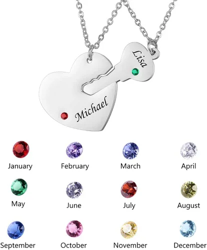 Miniatura 2 de Valyria - Juego de collar de acero inoxidable con piedras de nacimiento y diseño de llave, corazón y rompecabezas, hecho a medida con cualquier