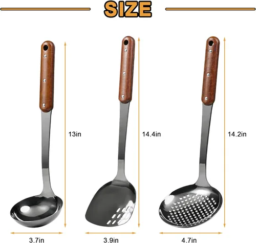 Miniatura 3 de FJNATINH Espátula Wok de acero inoxidable, cucharón, juego de herramientas de cucharón de espumadera, utensilios de cocina pulidos con mango de Negro