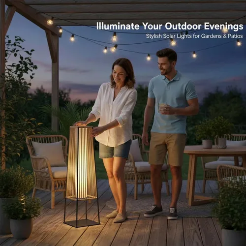 Miniatura 9 de Juego de 2 lámparas de pie para exteriores, faroles solares de ratán impermeables para exteriores, para balcón, terraza, jardín y patio (natural)
