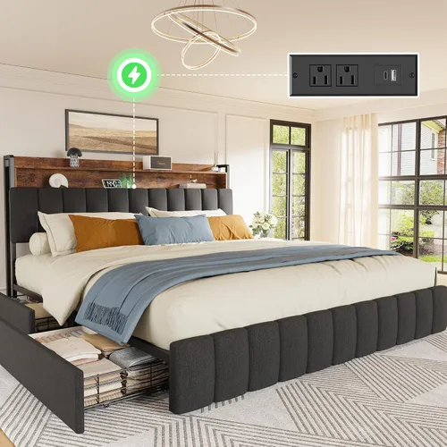 Miniatura 14 de PRAISUN Base de cama de tamaño matrimonial con cabecera tapizada y estación de carga, marco de cama de metal de tamaño matrimonial con 4 cajones