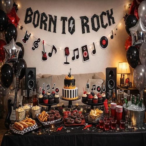 Miniatura 2 de Banner con purpurina Born to Rock con guirnalda de notas musicales, decoraciones de fiesta de los años 50, suministros de fiesta de cumpleaños