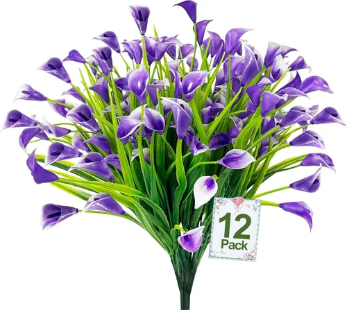 Miniatura 16 de TURNMEON 12 paquetes de flores artificiales de lirio de cala (240 cabezas), plantas falsas para exteriores, plantas falsas resistentes a los rayos