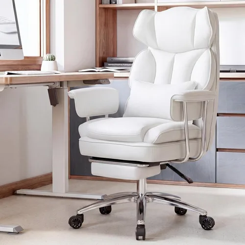 Miniatura 2 de Silla de oficina ejecutiva Sweetcrispy para casa y oficina - Ergonómica, grande, alta, con respaldo alto con reposapiés y soporte lumbar, Blanco