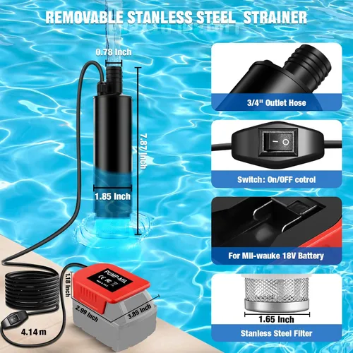 Miniatura 2 de Bomba de agua portátil para batería Milwaukee M-18 de iones de litio de 18 V M-18, bomba de transferencia de agua inalámbrica de barril de lluvia
