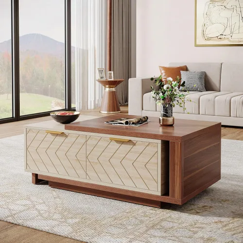 Miniatura 8 de Tribesigns - Mesa de café extensible con 2 cajones de almacenamiento, mesa central de dos tonos con tablero deslizante, mesa de cóctel rectangular