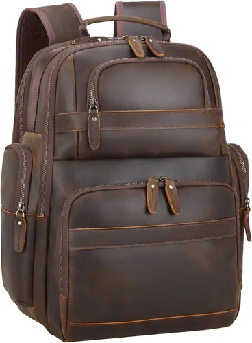 Miniatura 11 de TIDING Mochila de cuero vintage para hombre de 15.6 pulgadas, bolsa para laptop de gran capacidad, viajes de negocios, senderismo, mochilas de hombro