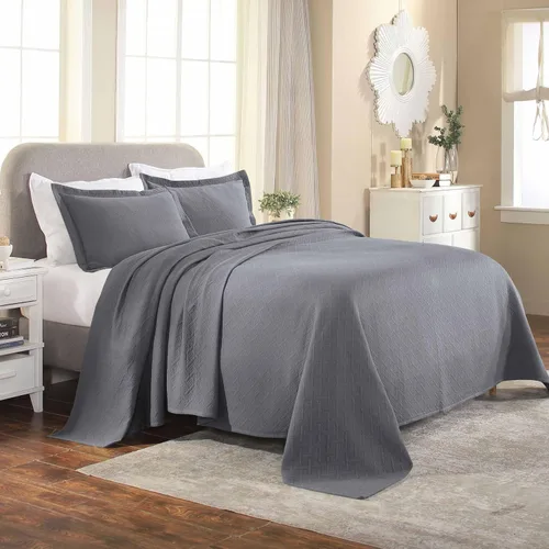 Colcha Superior 100% algodón con diseño de tejido de cesta y fundas, ropa de cama de algodón de primera calidad para todas las estaciones con Gris