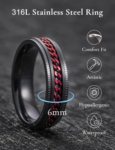Miniatura 41 de King Will - Anillo antiestrés de acero inoxidable 316L para hombres y mujeres, con cadena decorativa giratoria, 8 mm de ancho, anillo de boda