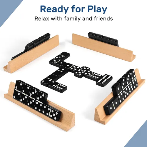 Miniatura 2 de Juego de dominós jumbo para adultos con 4 estantes/bandejas de madera, juego de dominós doble 6 para viajes con estuche portátil, juego de dominós