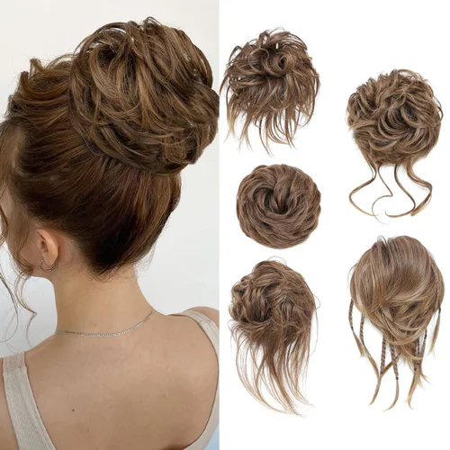 Miniatura 23 de 5 piezas de extensiones de cabello para moños desordenados con banda elástica de goma para mujeres, extensiones de cola de caballo con horquillas