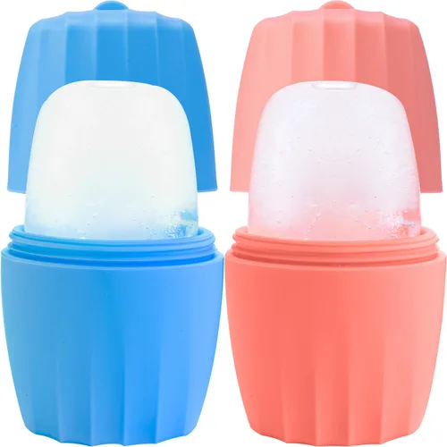 Paquete de 2 moldes de silicona reutilizables para terapia de frío, rodillo de masaje facial (rosa + azul)