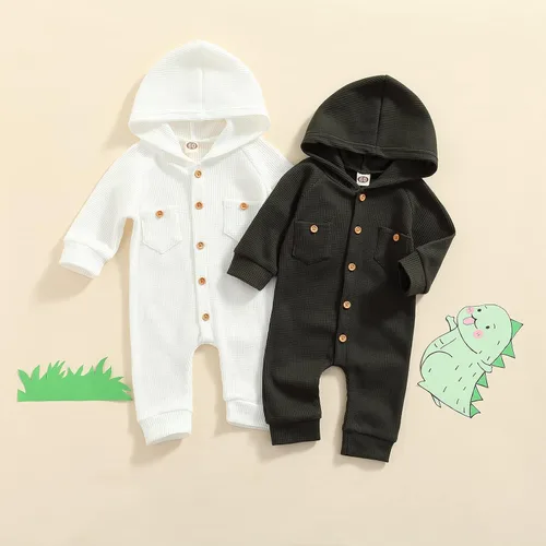 Miniatura 2 de Ynibbim Mameluco de invierno para recién nacido, para bebé, niño, niña, unisex, con capucha, ropa de gofre, de algodón, con botones