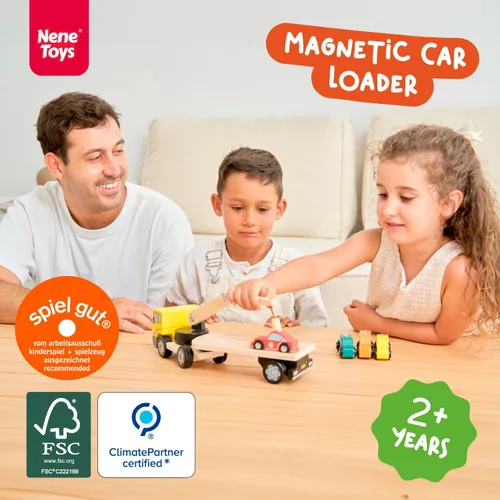 Miniatura 2 de Nene Toys Cargador magnético para automóvil con 4 autos y 1 camión de madera semirremolque para niños de 2 años en adelante, juguete interactivo