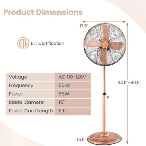 Miniatura 6 de LDAILY Ventilador de pedestal, ventilador oscilante de 16 pulgadas con 3 velocidades, velocidad ancha, altura y ángulo ajustables, ventilador