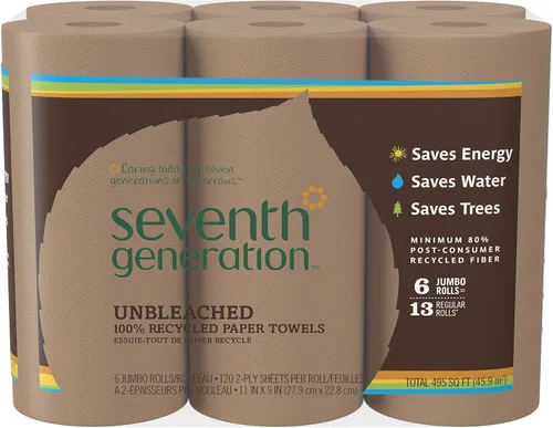 Miniatura 7 de Seventh Generation Toallas de papel sin blanquear, 100% papel reciclado, 6 unidades, paquete de 4